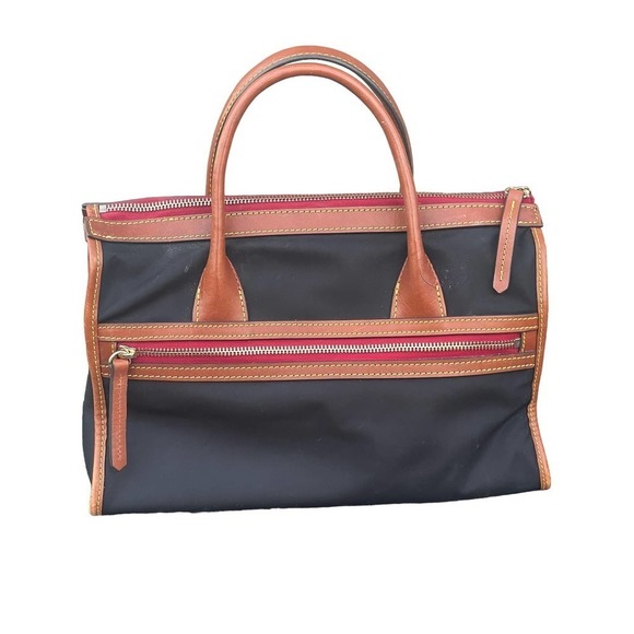 Dooney & Bourke Camden Saffiano Black Nylon Satchel w Brown Leather Trim - Picture 2 of 16
